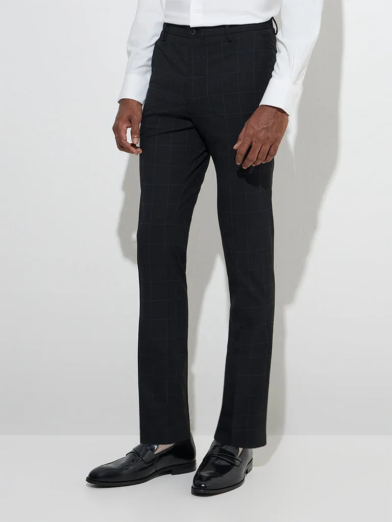 WES Formals Black Checks Ultra-Slim Fit Mid-Rise Trousers