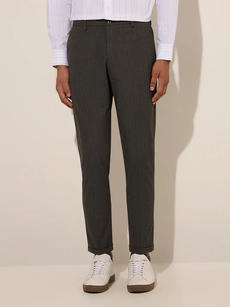 WES Formals Charcoal Pinstriped Mid-Rise Slim-Fit Trousers