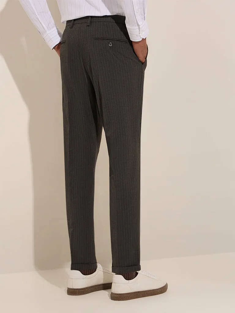 WES Formals Charcoal Pinstriped Mid-Rise Slim-Fit Trousers
