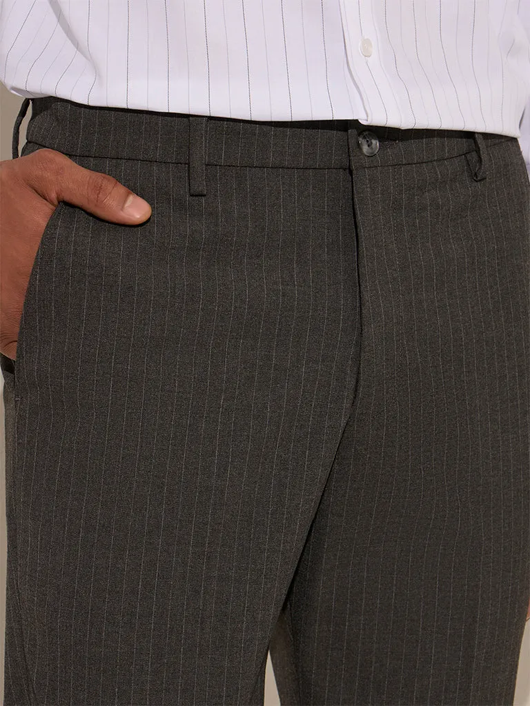 WES Formals Charcoal Pinstriped Mid-Rise Slim-Fit Trousers