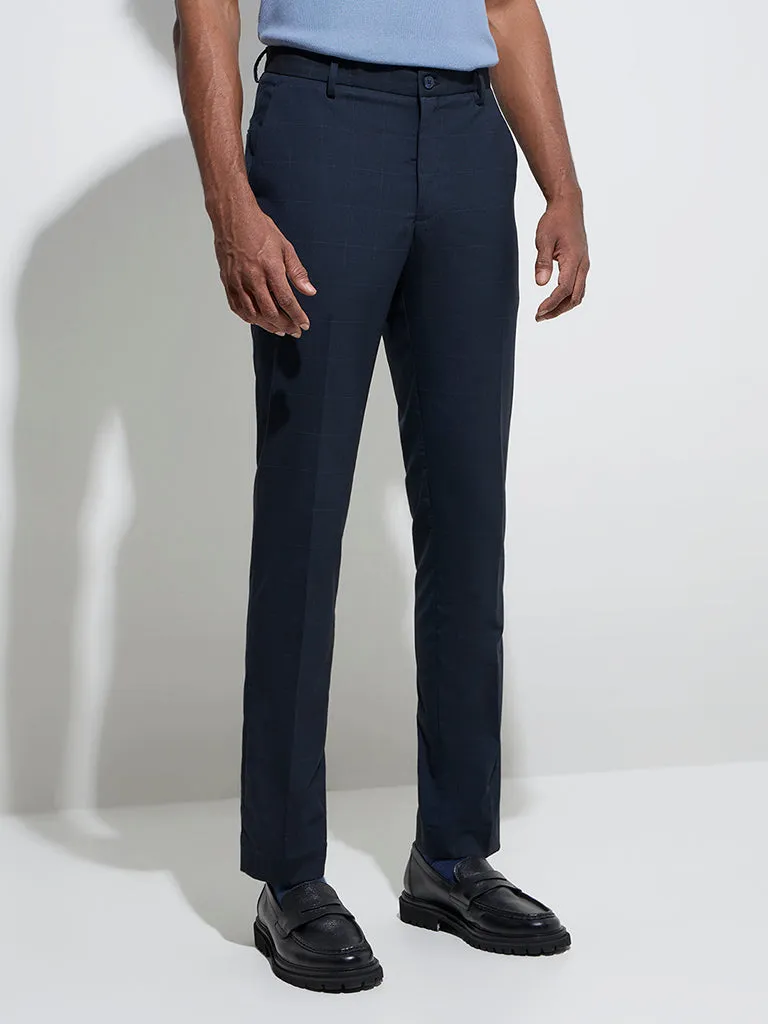 WES Formals Navy Checkered Ultra-Slim Fit Mid-Rise Trousers