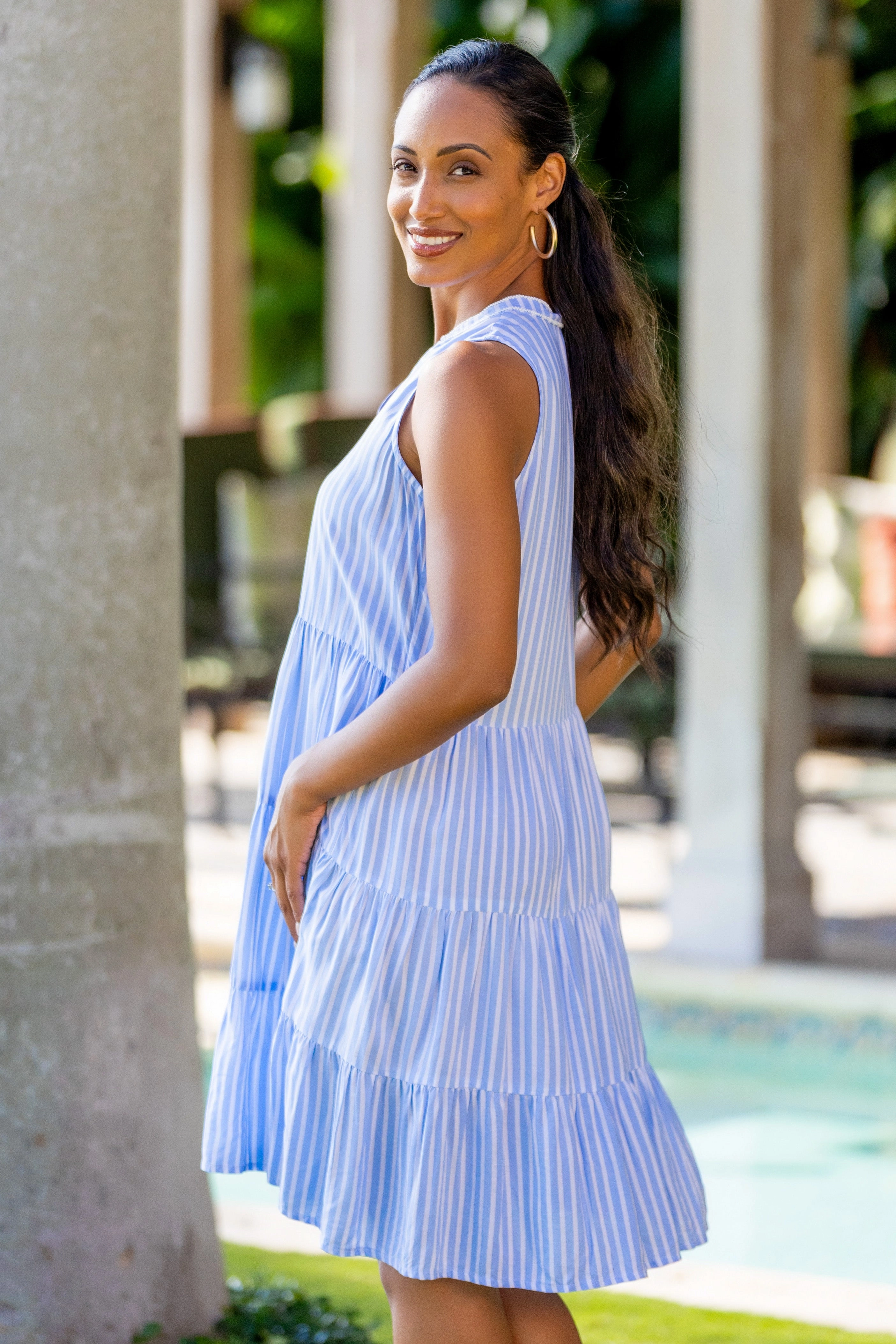 City-Style Vibrant color Westerly Dress / Blue Stripe