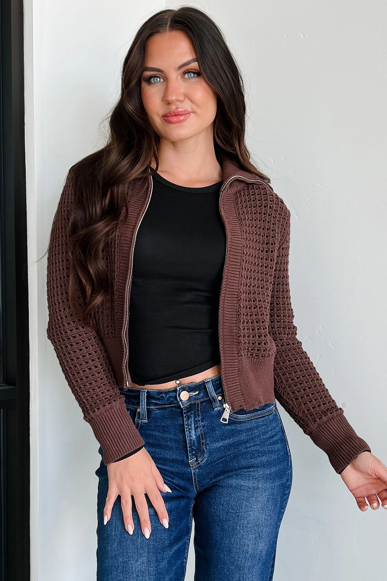 Quick Dry Material HighElasticity Thread Whispered Words Zip-Up Sweater Jacket (Chocolate)