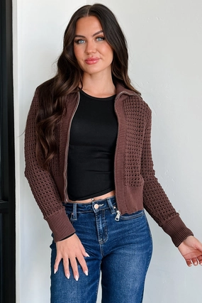 Seamless Design Interlock Stitch Detail Whispered Words Zip-Up Sweater Jacket (Chocolate)