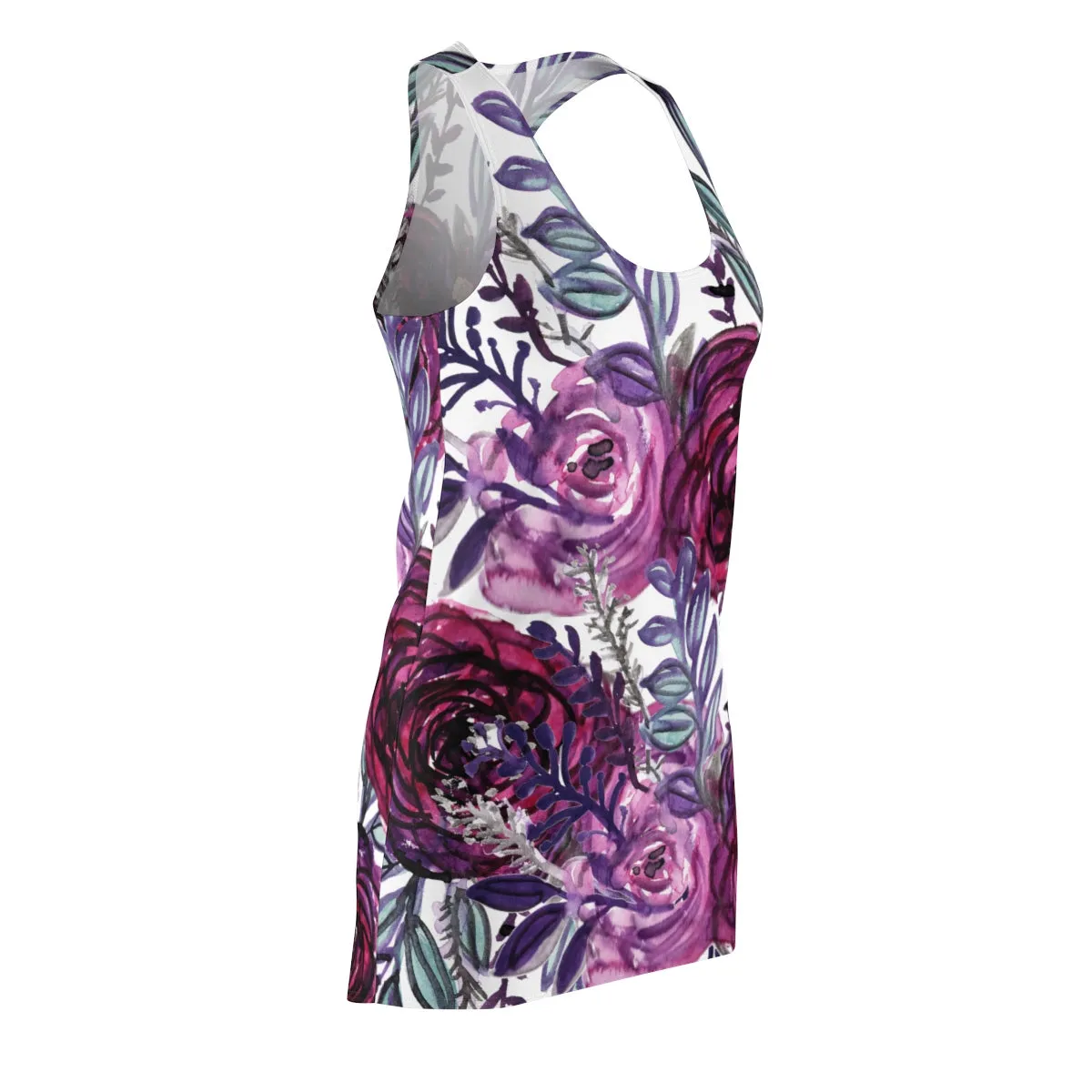 White Floral Print Women's Tights, Best White & Purple Floral Print Designer Premium Women's Long Racerback Dress - Made in USA