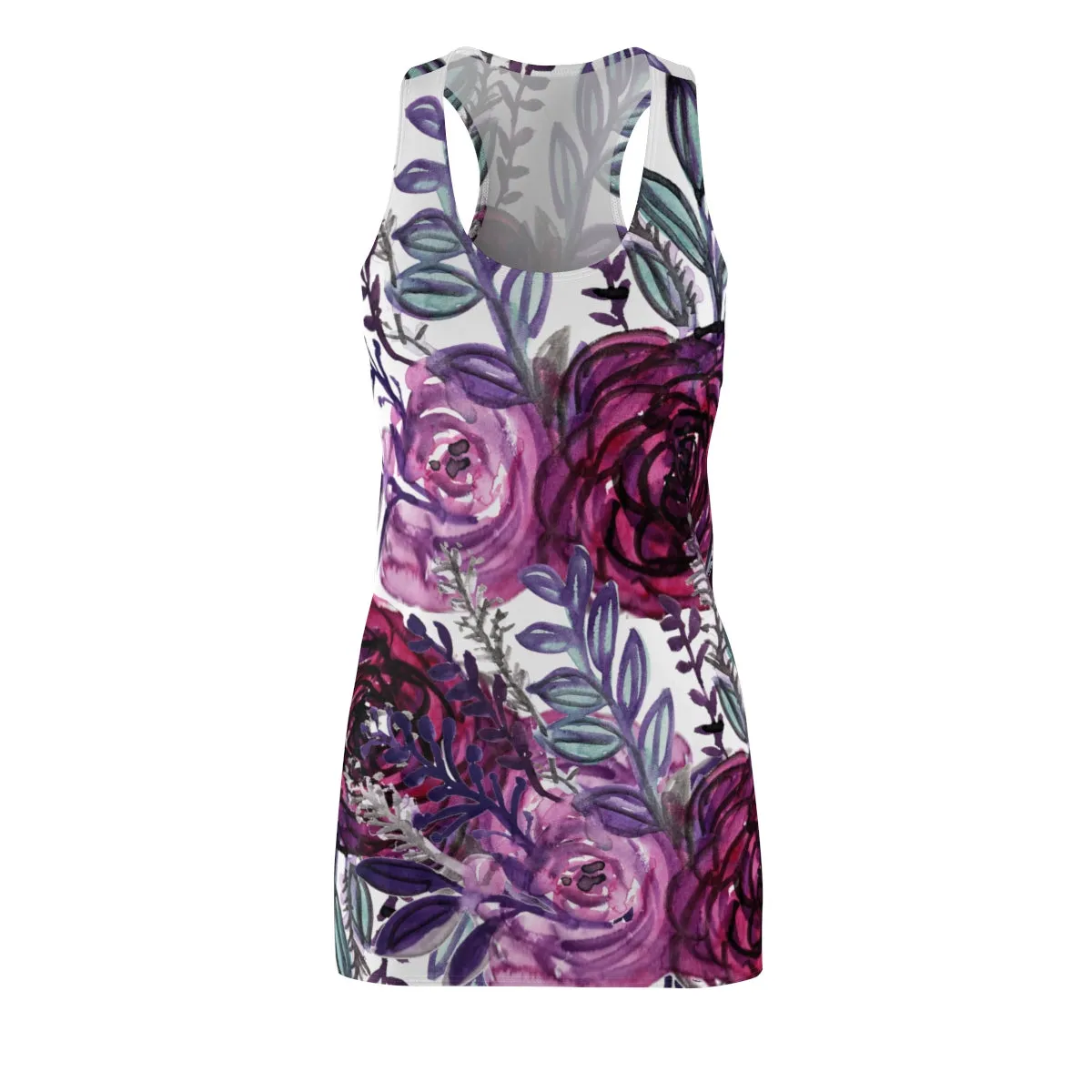 White Floral Print Women's Tights, Best White & Purple Floral Print Designer Premium Women's Long Racerback Dress - Made in USA