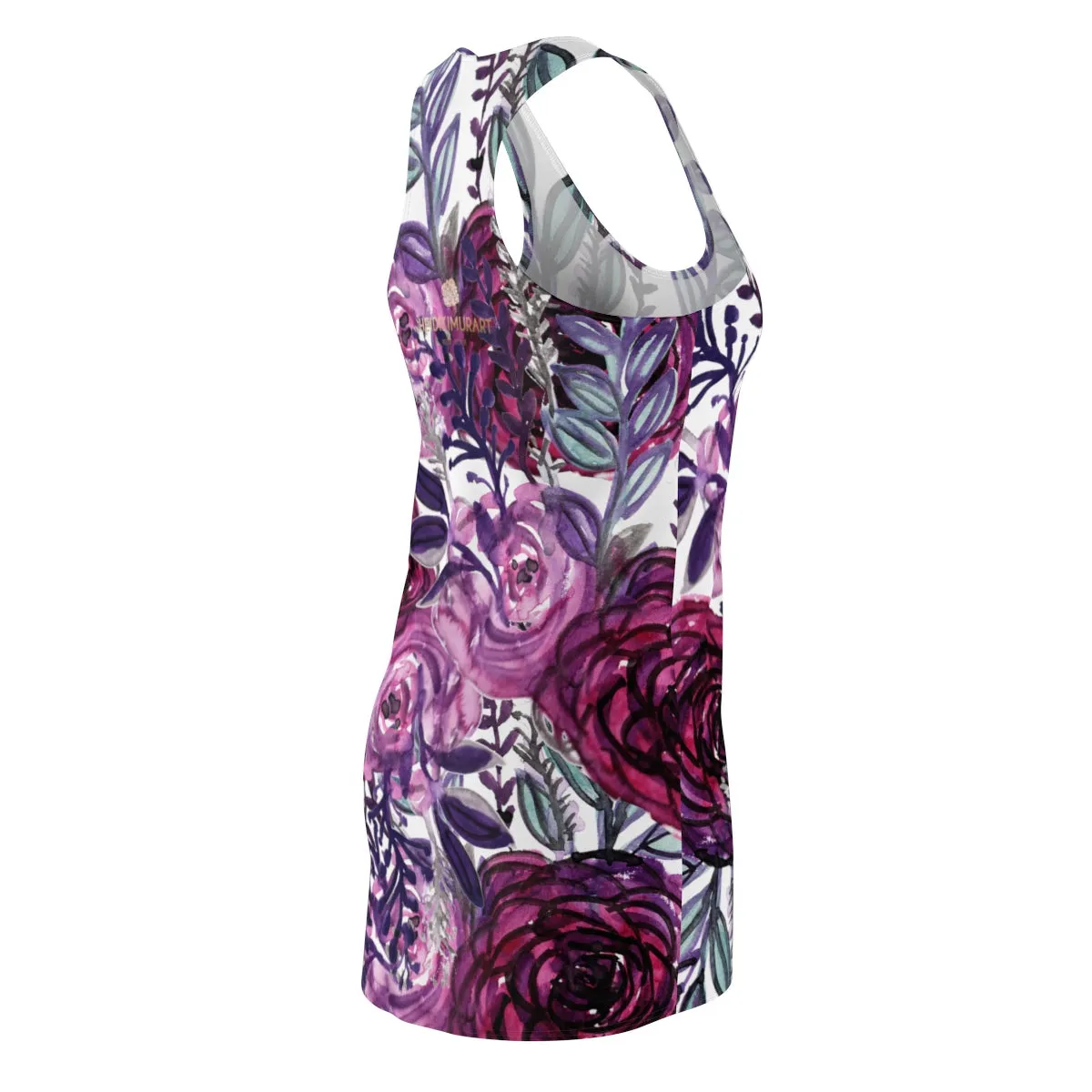 White Floral Print Women's Tights, Best White & Purple Floral Print Designer Premium Women's Long Racerback Dress - Made in USA