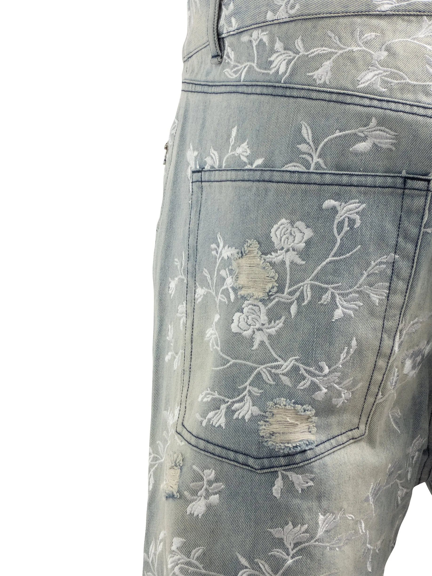 White Floral Ripped Denim Jeans with Zip Pockets
