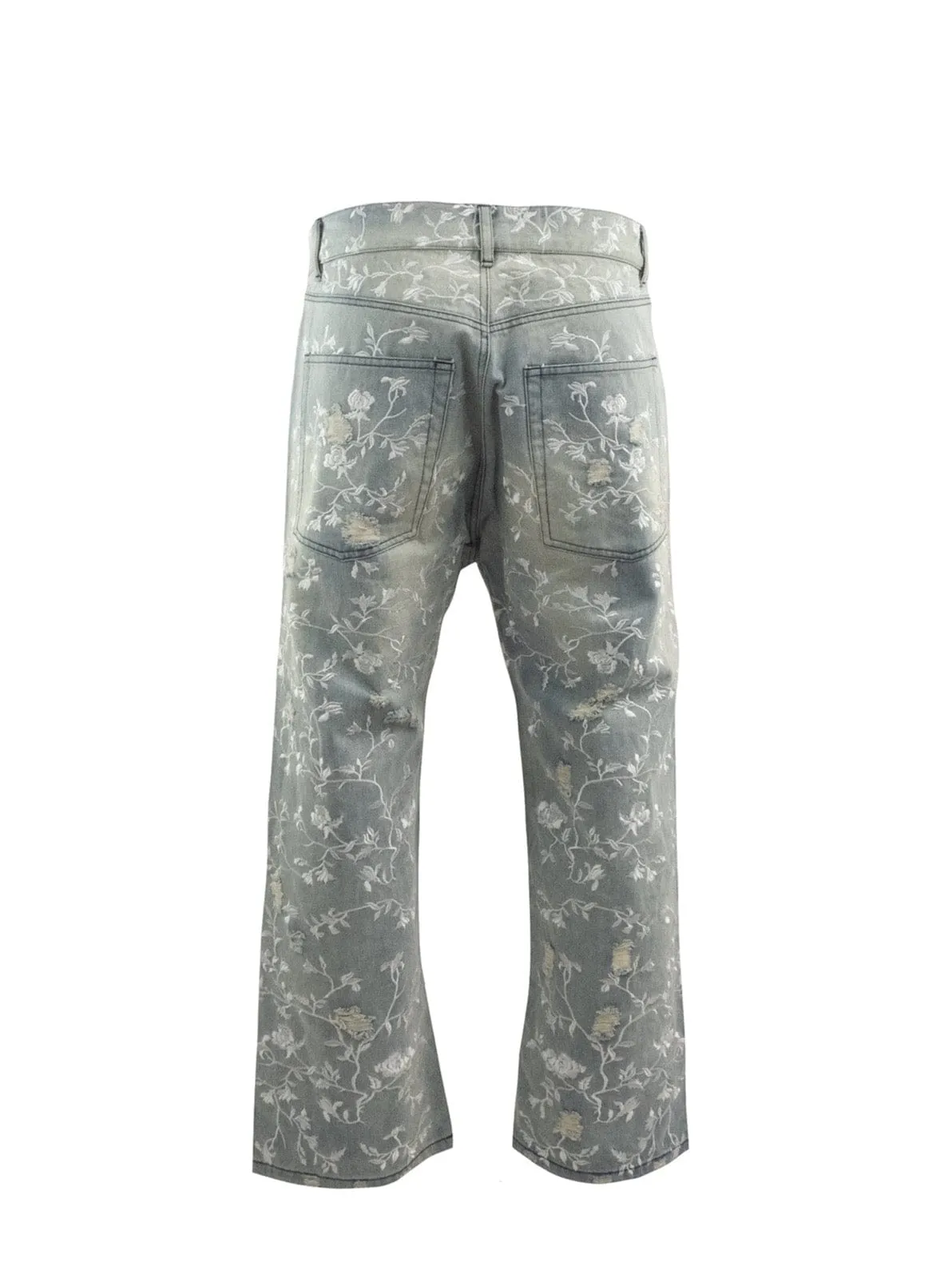 White Floral Ripped Denim Jeans with Zip Pockets