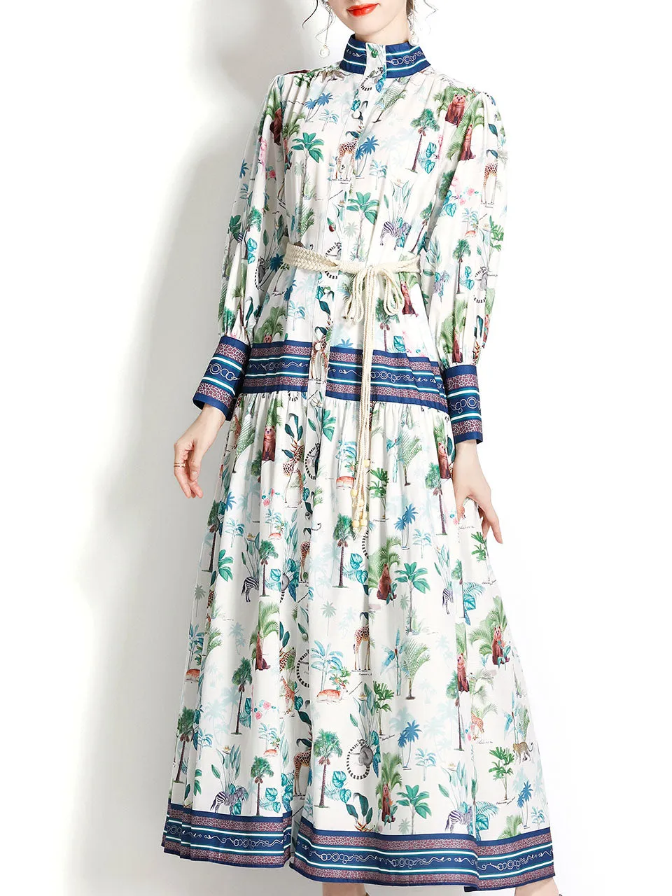White High Collar Lantern Sleeve Floral Print Bohemian Dress Maxi Dress