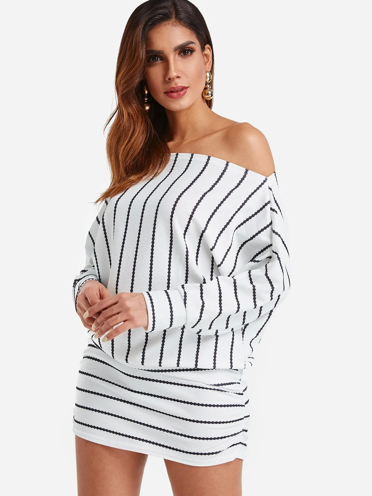 Wholesale Off The Shoulder Long Sleeve Stripe Bodycon Dress