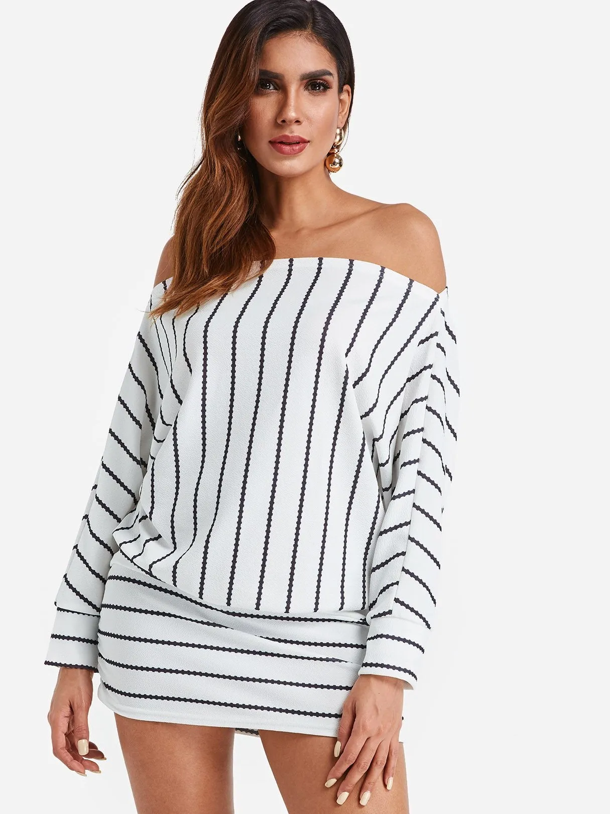 Wholesale Off The Shoulder Long Sleeve Stripe Bodycon Dress
