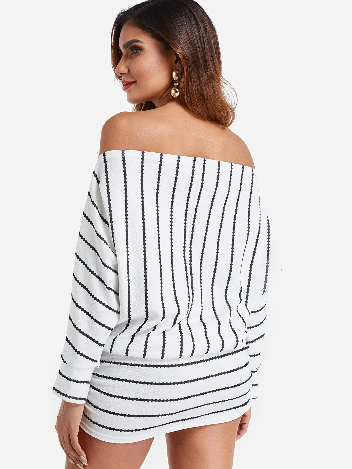 Wholesale Off The Shoulder Long Sleeve Stripe Bodycon Dress