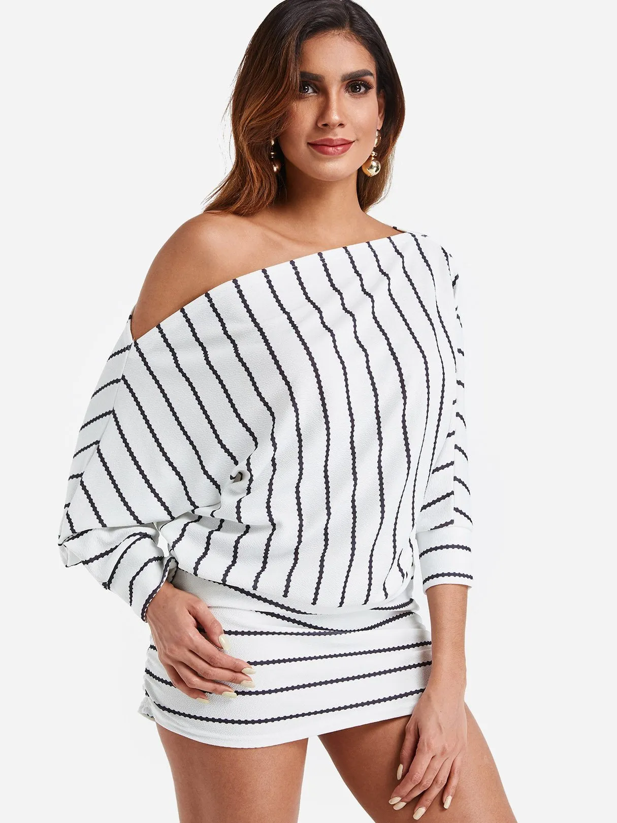 Wholesale Off The Shoulder Long Sleeve Stripe Bodycon Dress