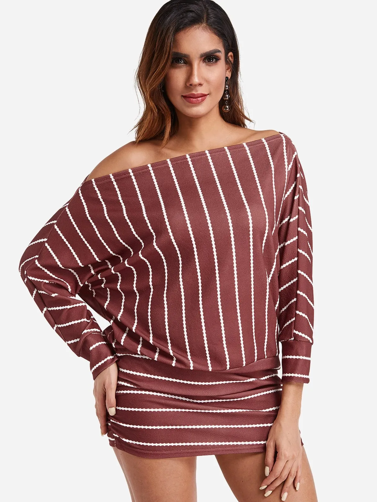 Wholesale Off The Shoulder Long Sleeve Stripe Bodycon Dress