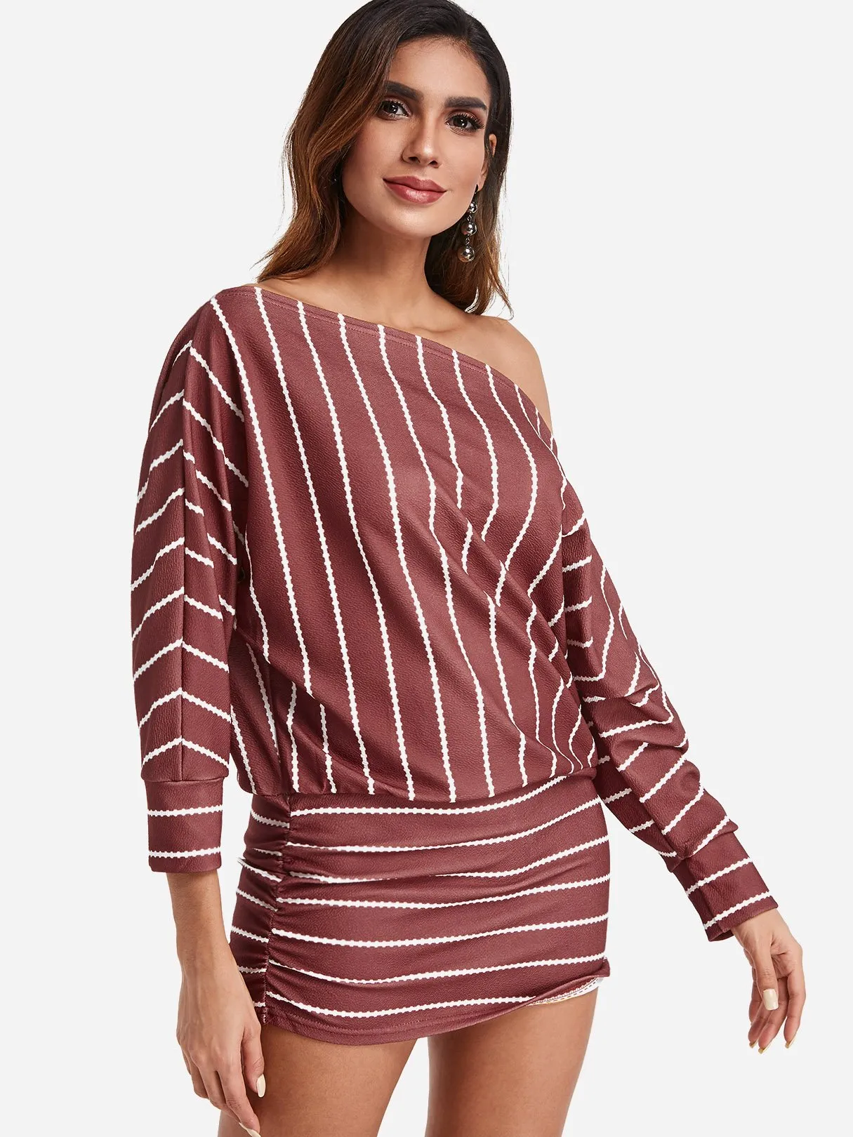 Wholesale Off The Shoulder Long Sleeve Stripe Bodycon Dress