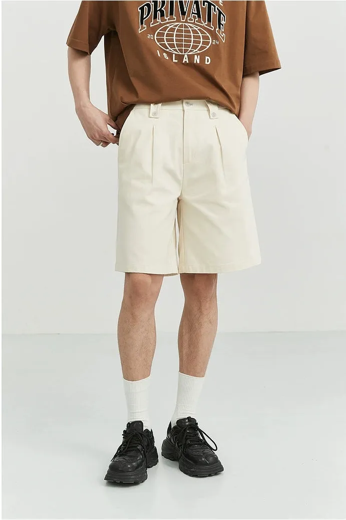 Wide-Leg Button-Detail Pleated Shorts