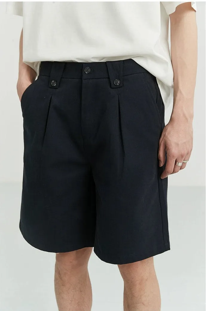 Wide-Leg Button-Detail Pleated Shorts