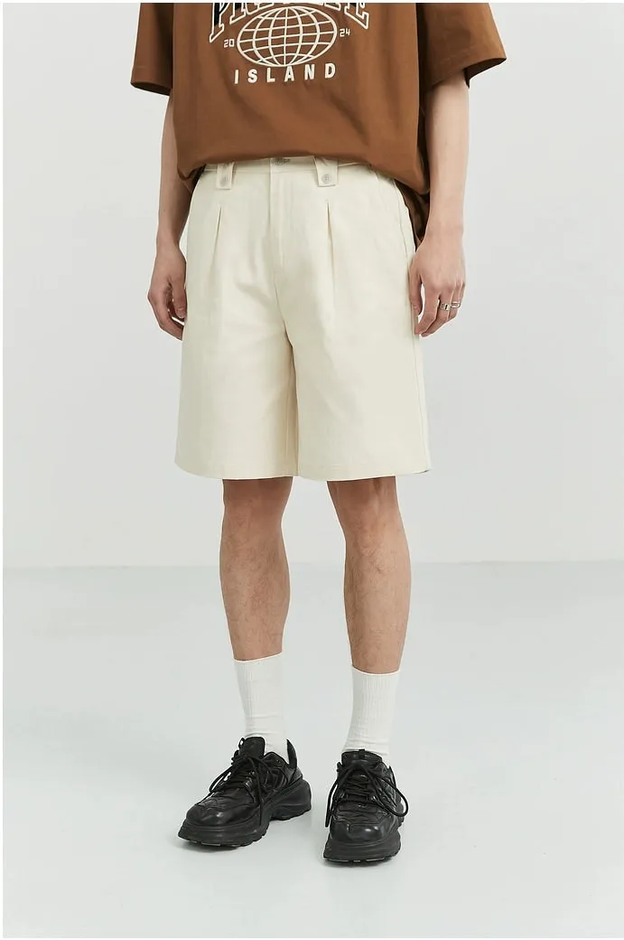Wide-Leg Button-Detail Pleated Shorts
