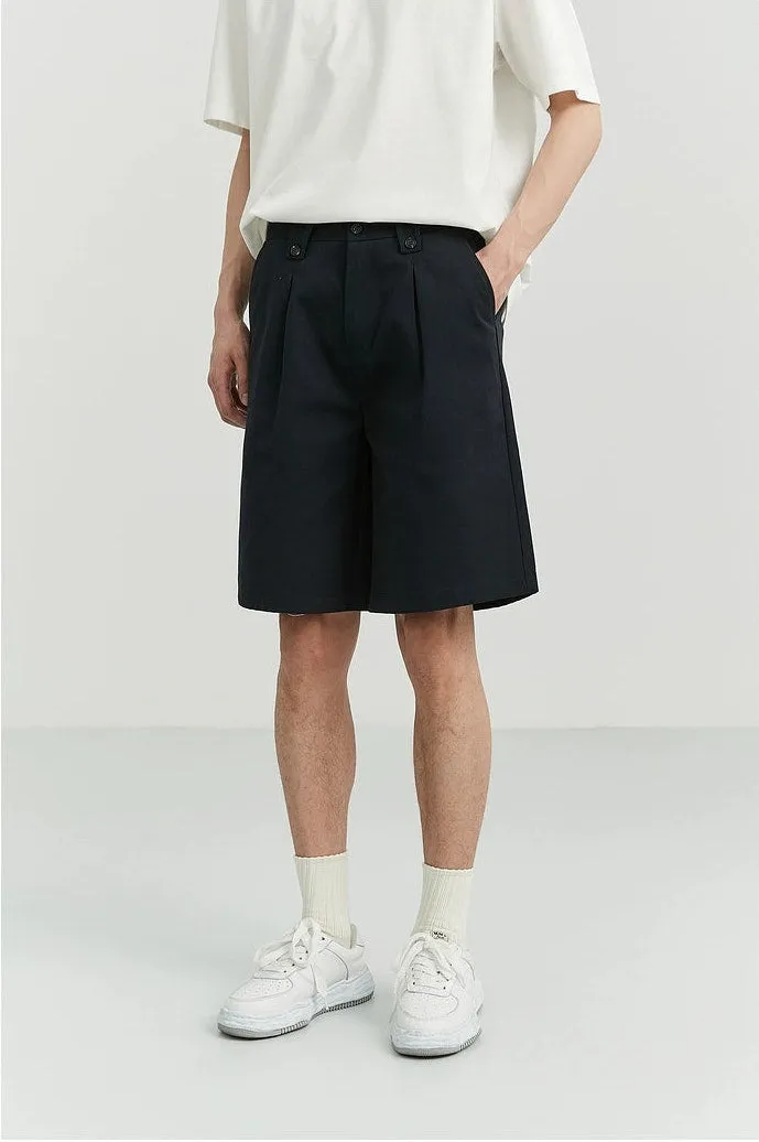 Wide-Leg Button-Detail Pleated Shorts