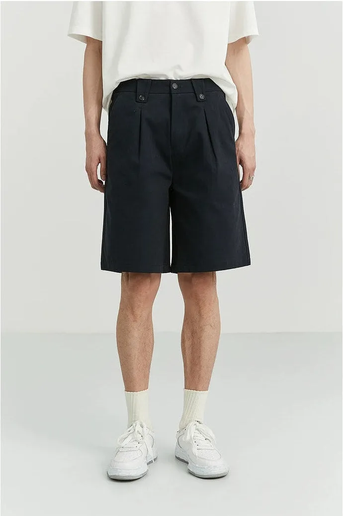 Wide-Leg Button-Detail Pleated Shorts