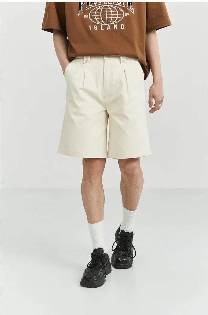 Wide-Leg Button-Detail Pleated Shorts