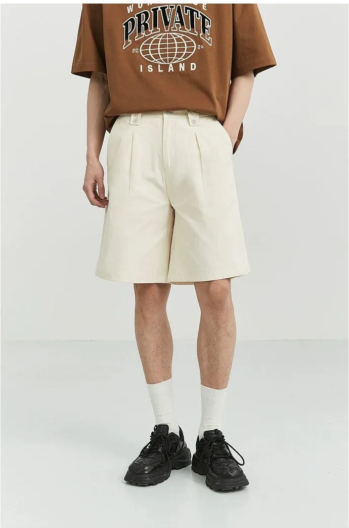 Wide-Leg Button-Detail Pleated Shorts