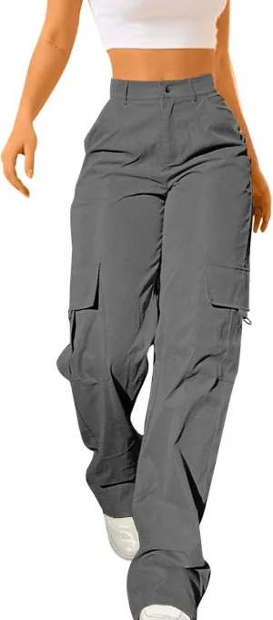 Wide Leg Casual Pants for Women Trendy High Waisted Cargo Pants with Pockets Baggy Stretch Utility Military Pants
