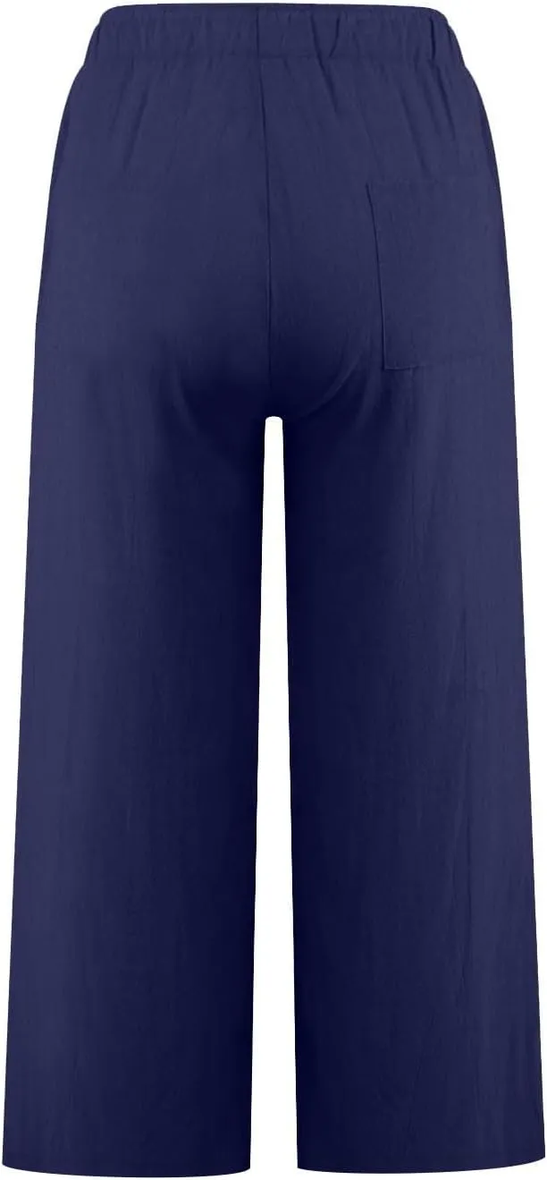Wide Leg Cropped Pants for Women Summer Casual Linen Pants Drawstring Lightweight Comfy Beach Trousers with Pockets
