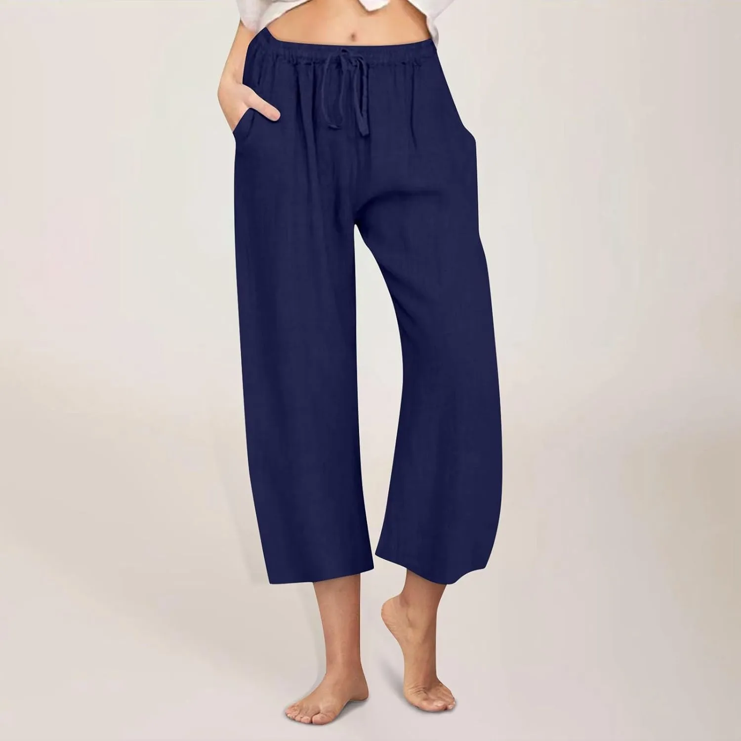 Wide Leg Cropped Pants for Women Summer Casual Linen Pants Drawstring Lightweight Comfy Beach Trousers with Pockets