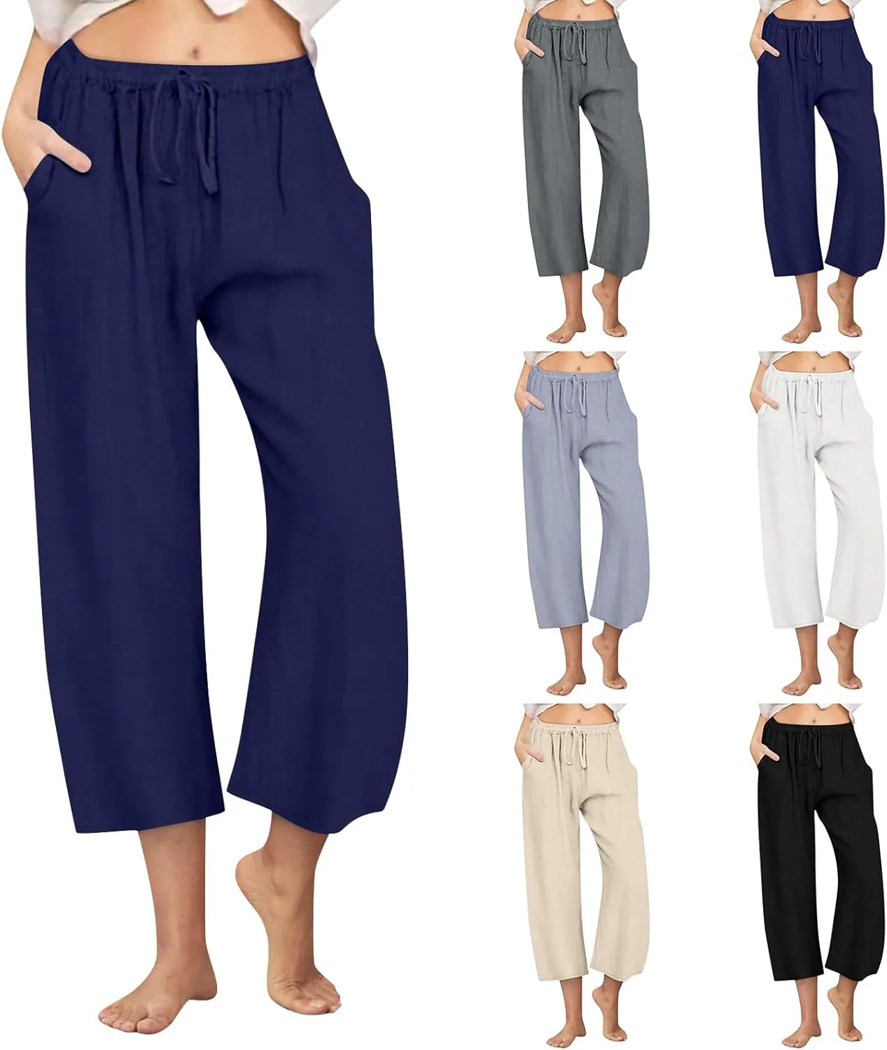 Wide Leg Cropped Pants for Women Summer Casual Linen Pants Drawstring Lightweight Comfy Beach Trousers with Pockets