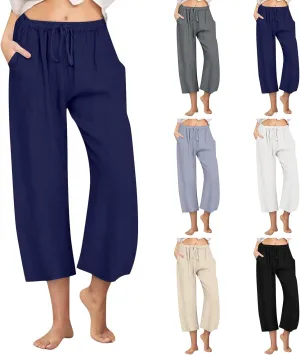 Wide Leg Cropped Pants for Women Summer Casual Linen Pants Drawstring Lightweight Comfy Beach Trousers with Pockets