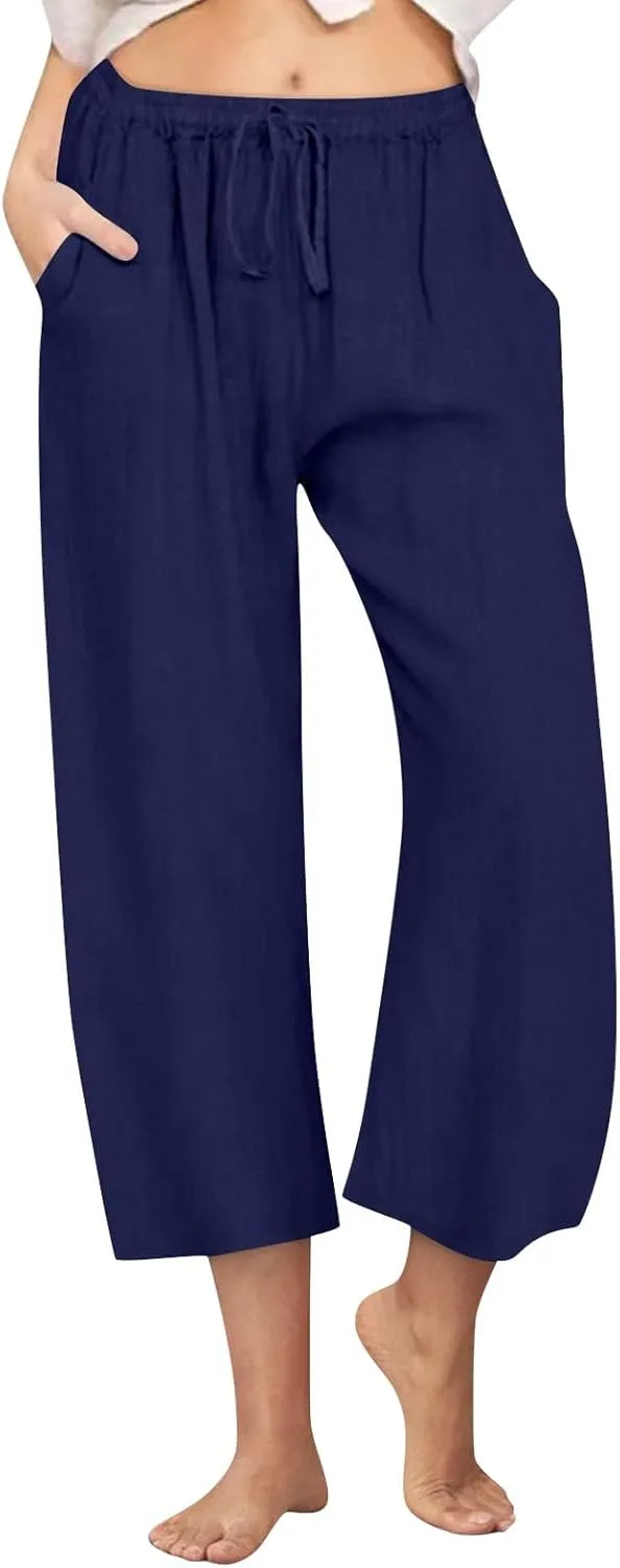 Wide Leg Cropped Pants for Women Summer Casual Linen Pants Drawstring Lightweight Comfy Beach Trousers with Pockets