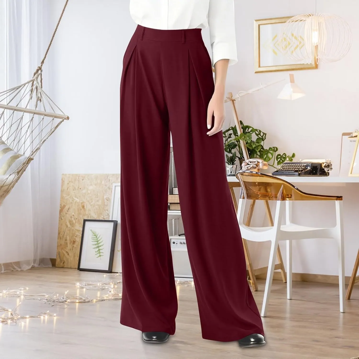 Wide Leg Pants for Women Business Palazzo Pants Lightweight High Waist Button Regular Long Trousers with Pockets