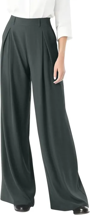 Wide Leg Pants for Women Business Palazzo Pants Lightweight High Waist Button Regular Long Trousers with Pockets