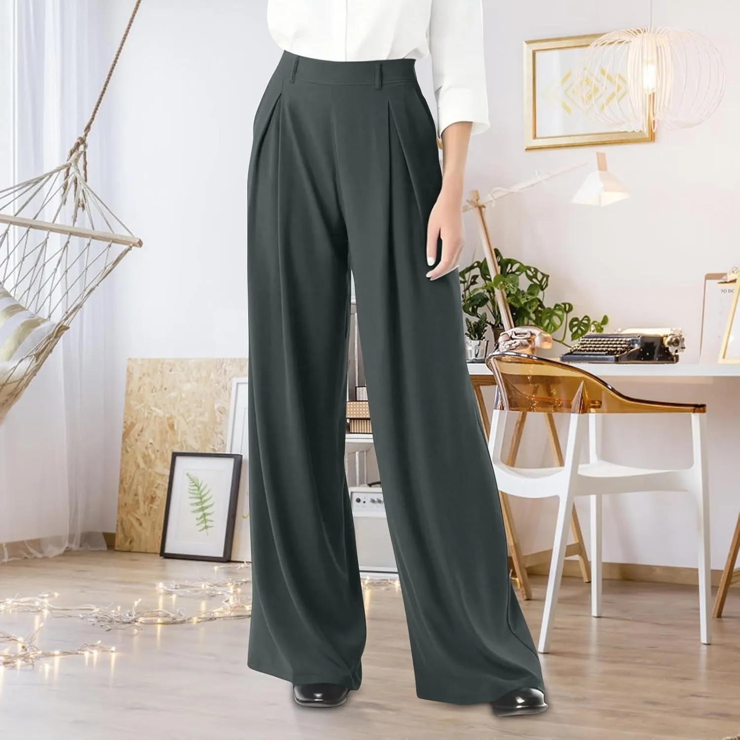 Wide Leg Pants for Women Business Palazzo Pants Lightweight High Waist Button Regular Long Trousers with Pockets