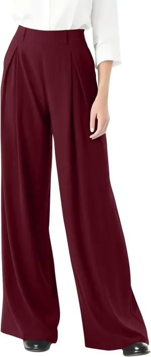 Wide Leg Pants for Women Business Palazzo Pants Lightweight High Waist Button Regular Long Trousers with Pockets
