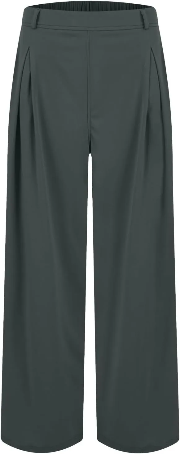 Wide Leg Pants for Women Business Palazzo Pants Lightweight High Waist Button Regular Long Trousers with Pockets