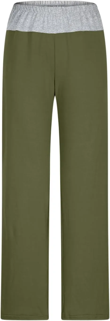 Wide Leg Pants Woman Color Block Elastic High Waisted Straight Trousers Workout Casual Lounge Pant Fashion Pajamas