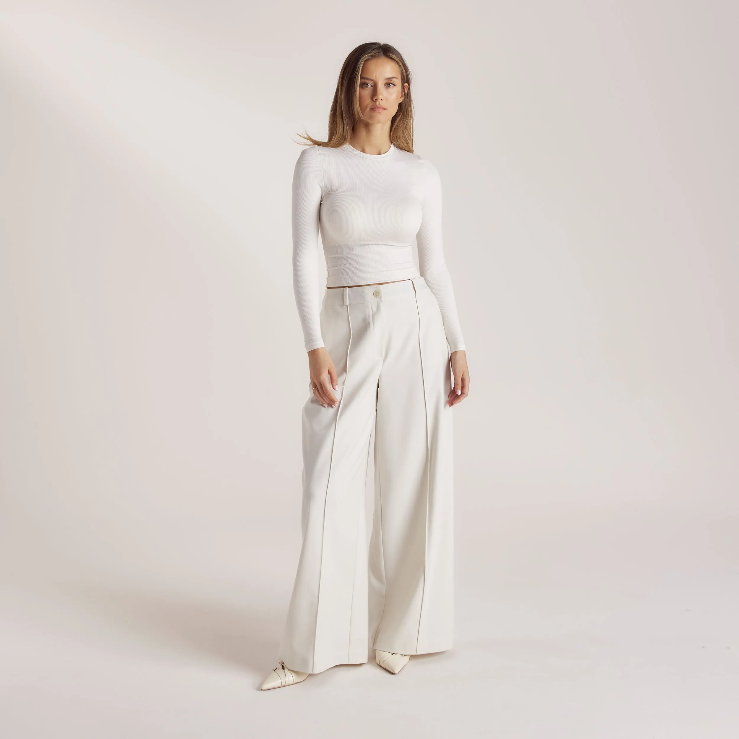 Wide-Leg Tailored Pants - Cream