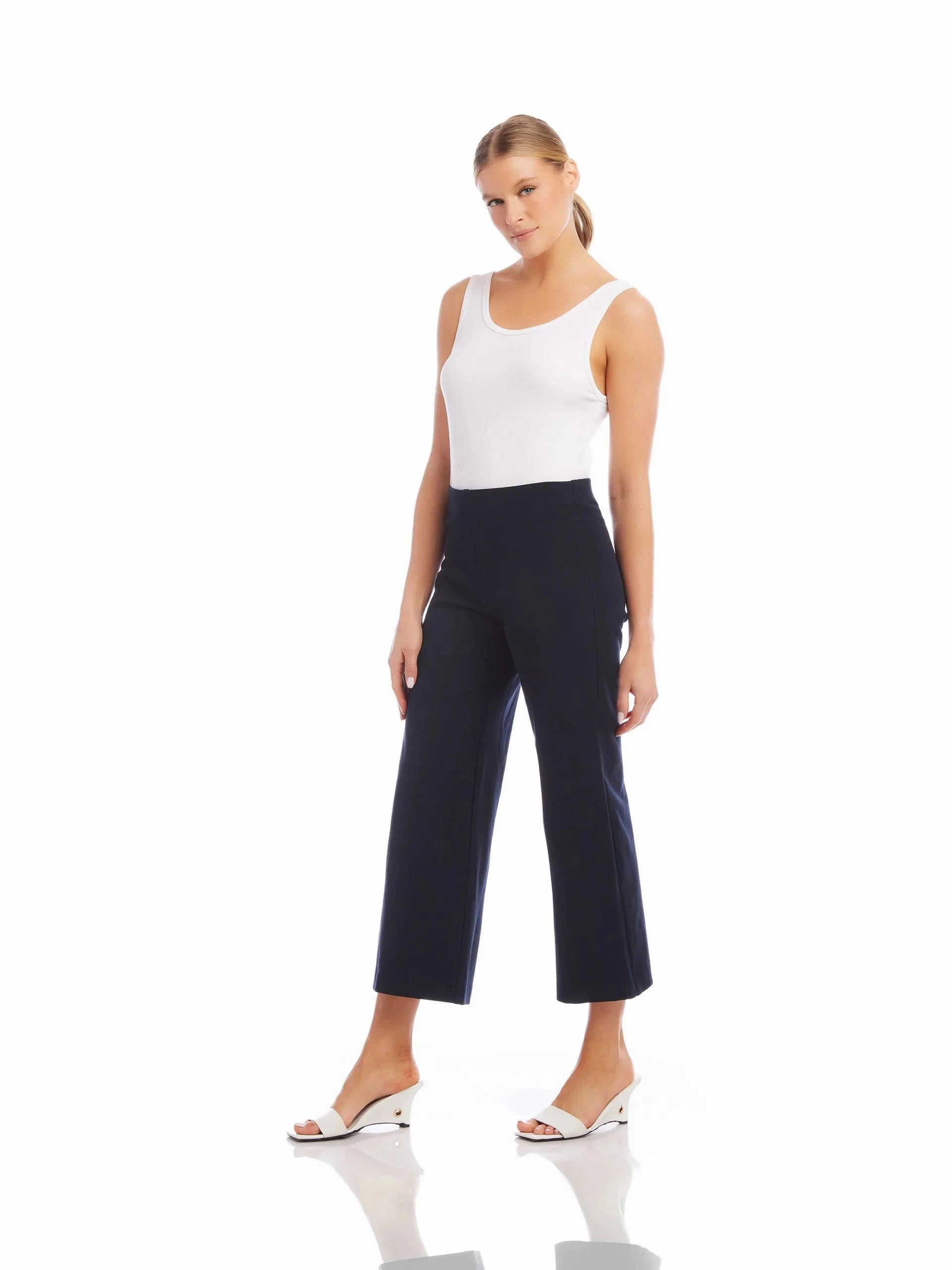 Comfy Waistband Wide Leg Cropped Pants Navy