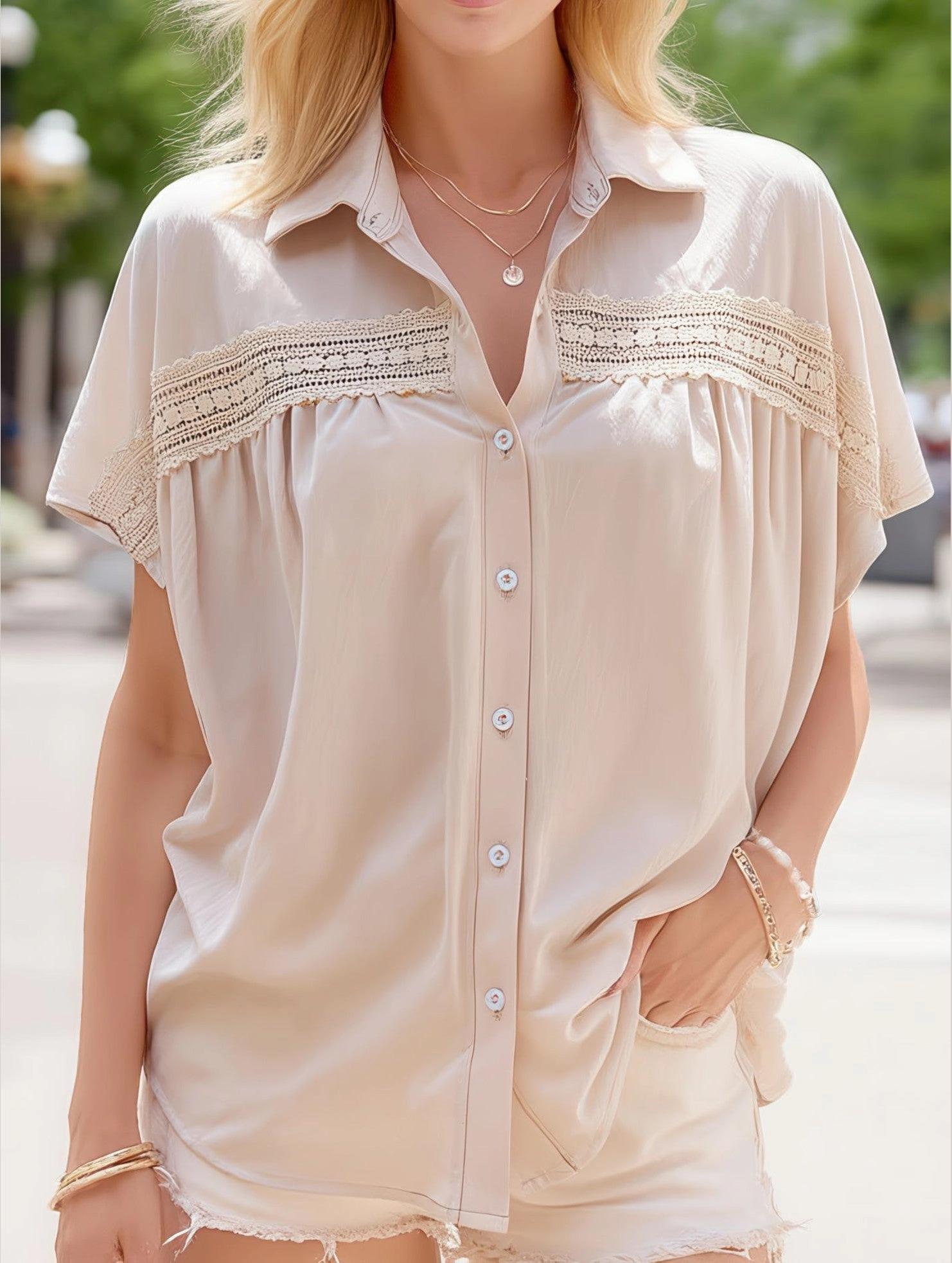 V-Neck Button Up Solid Color Lace Cutout Shirt ??Elegant & Stylish Silicone Print Detail