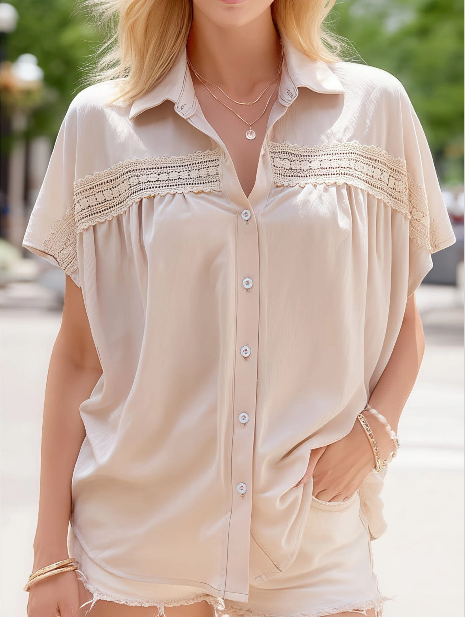 AllPurpose Design V-Neck Button Up Solid Color Lace Cutout Shirt ??Elegant & Stylish