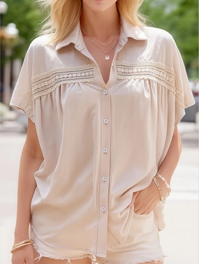AllPurpose Design V-Neck Button Up Solid Color Lace Cutout Shirt ??Elegant & Stylish