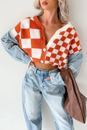 Wild Out Checkered Knit Denim Sleeve Cardigan (Orange) AntiSlipGrip
