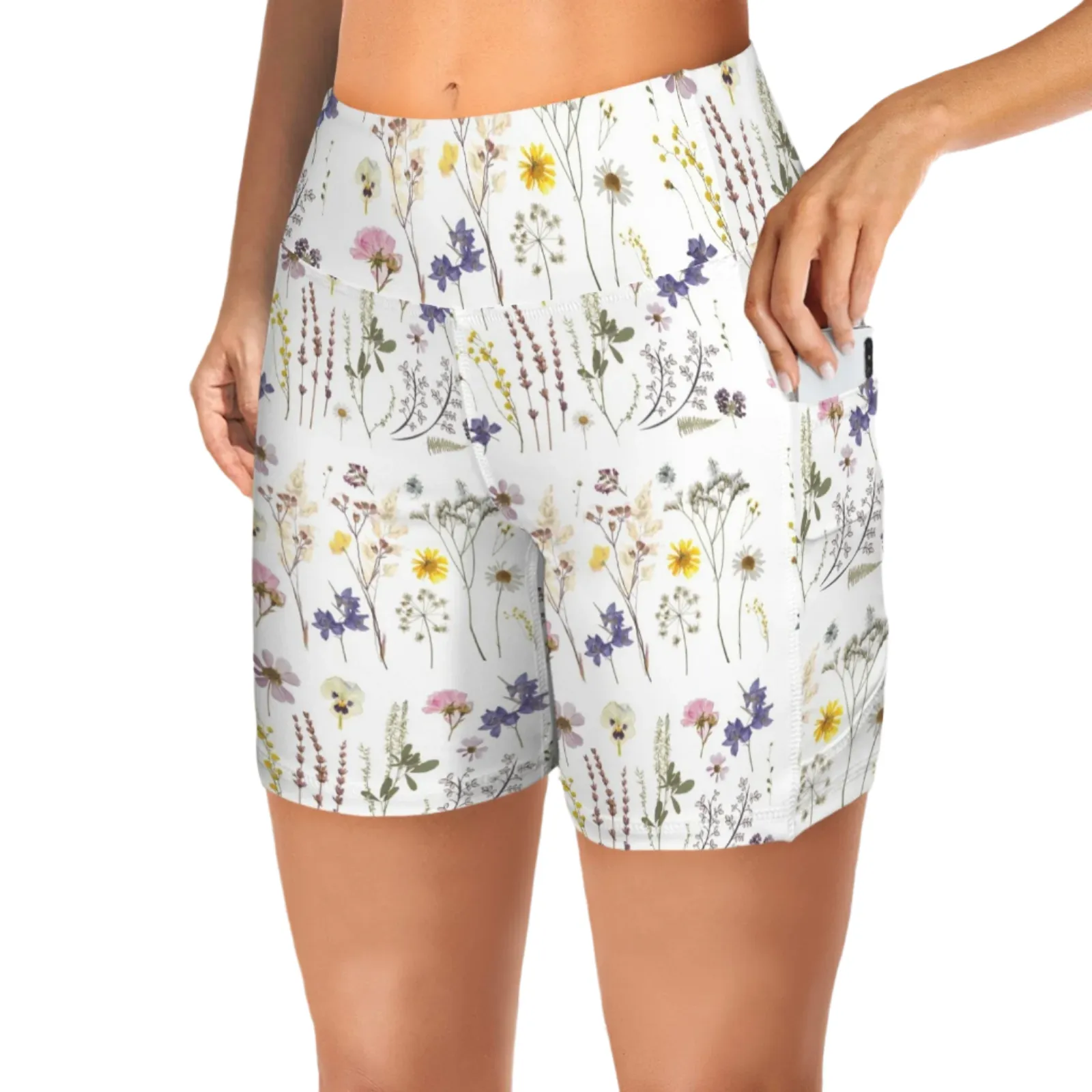 Wildflowers White Yoga Shorts with Pockets up to 5 XL (FWS)