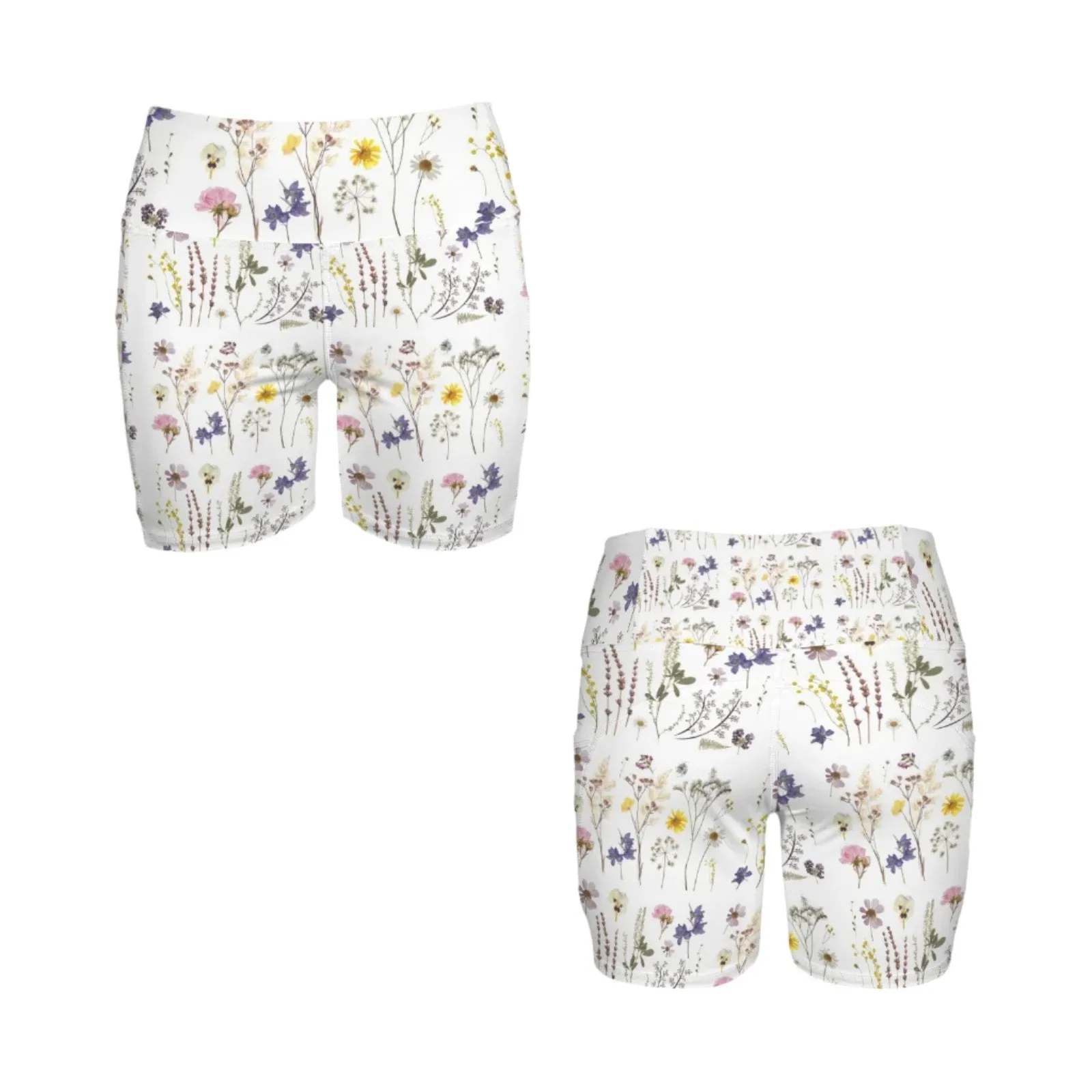 Wildflowers White Yoga Shorts with Pockets up to 5 XL (FWS)