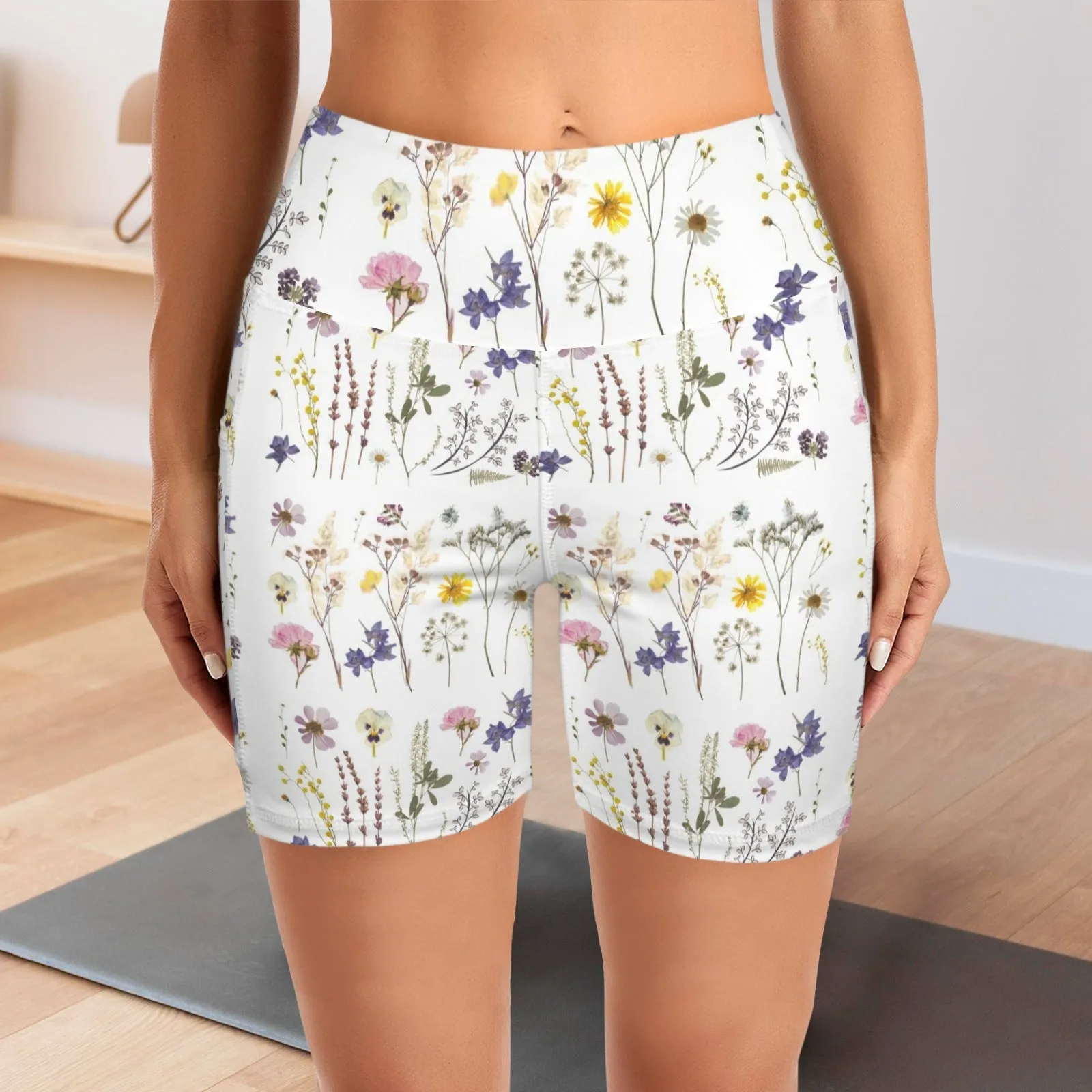 Wildflowers White Yoga Shorts with Pockets up to 5 XL (FWS)