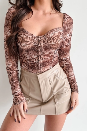 FrictionResistant Fabric High Visibility Trim Wildly Attractive Hook Front Animal Print Bodysuit (Brown)