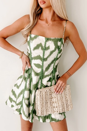 Wind In My Sails Abstract Sleeveless Mini Dress (Olive) Statement-Print